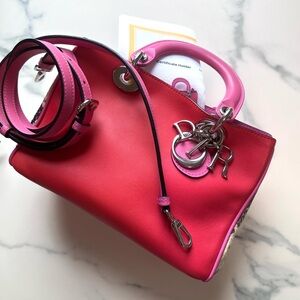 Chic Authentic Dior Small Pink/Red Calfskin and Python Diorissimo Tote Bag